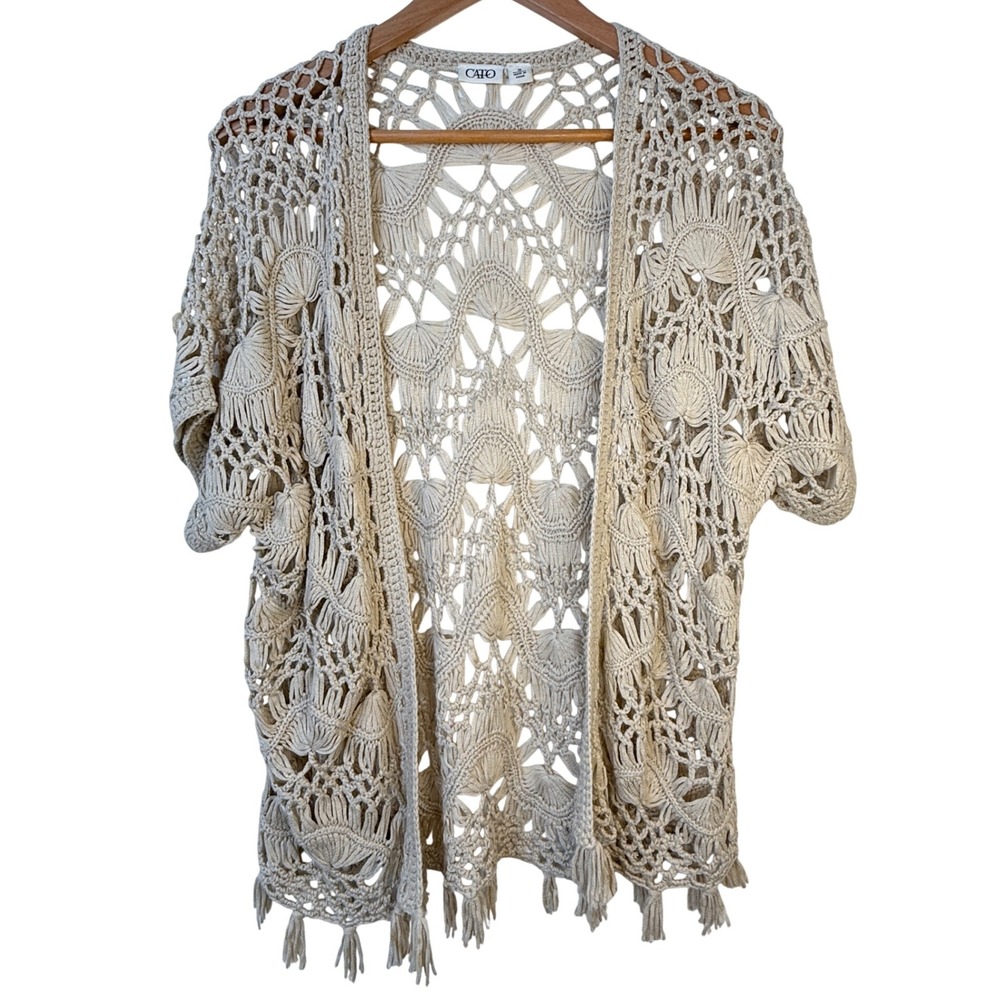 Cato Beige Crochet Open Front Cardigan Kimono Boho Festival Medium‎